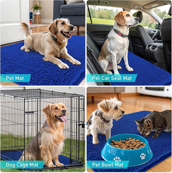 OLANLY Dog Door Mat for Muddy Paws 54x32, Absorbs Moisture and Dirt, Absorbent Non-Slip Washable Doormat, Quick Dry Chenille Mud Mat for Dogs, Entry Indoor Entryway Carpet for Inside Floor, Royal Blue
