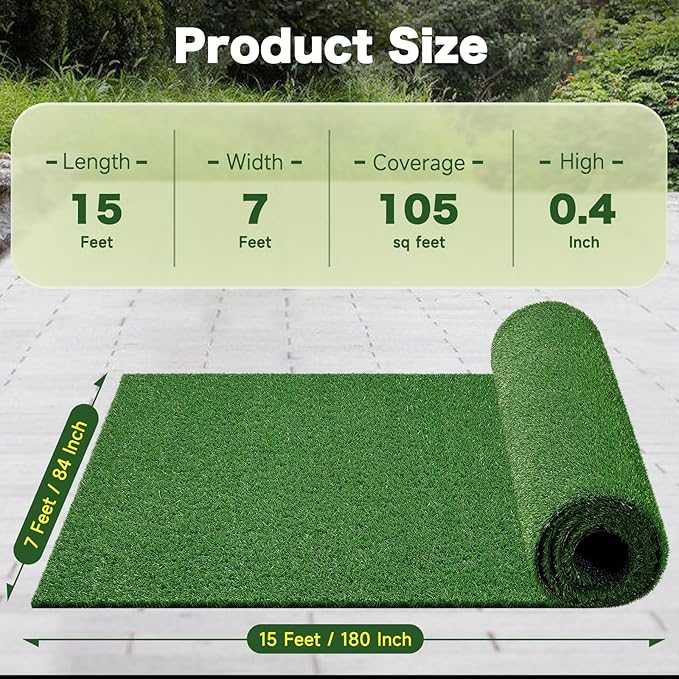 7 FT x 15 FT Artificial Grass Turf 2 PCS - 0.4" Pile Height Extra Large Realistic Fake Grass Rolls with Drainage Holes, Outdoor Indoor Landscape Lawn Carpet Rug for Patio, Balcony