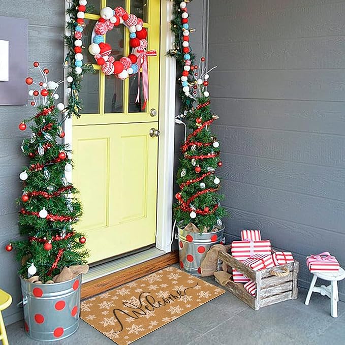 Winter-Welcome-Doormat Outdoor-Entrance Cute Snowflake Door Mat Non Slip Christmas Holiday Coir Doormat 17 X 29 Inch