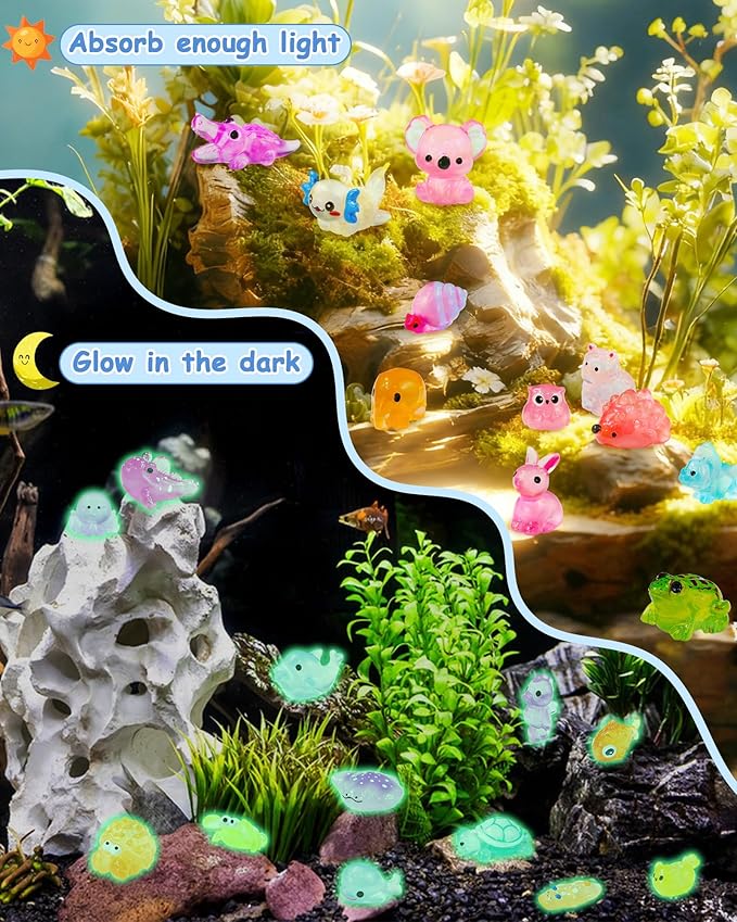 FIVEIZERO 102PCS Luminous Mini Resin Aquatic Animals Bulk - 15 Styles Glow in The Dark Plastic Tiny Sea Creatures for Dollhouse, Fairy Garden, Aquarium, Party Favors & DIY Craft Decor