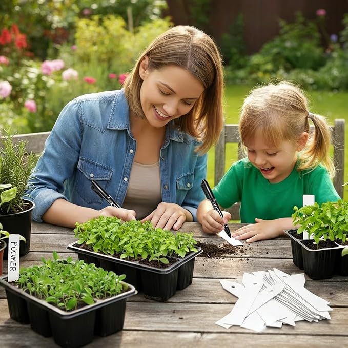 Plant Labels 350 PCS, Slim White Garden Plant Tags with Holes, PP Plastic Waterproof Labels with Permanent Marker, Jute Twine & Storage Box for Indoor & Outdoor Gardening (350PCS)
