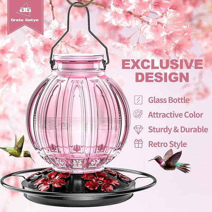 2 Pack Glass Hummingbird Feeder for Outdoors Hanging, Bird Nectar Feeder with Perch & 5 Flower Feeding Ports, 26 Oz Leak Proof for Outside Garden Decor Backyard, Gifts for Women Mom, Red & Pink