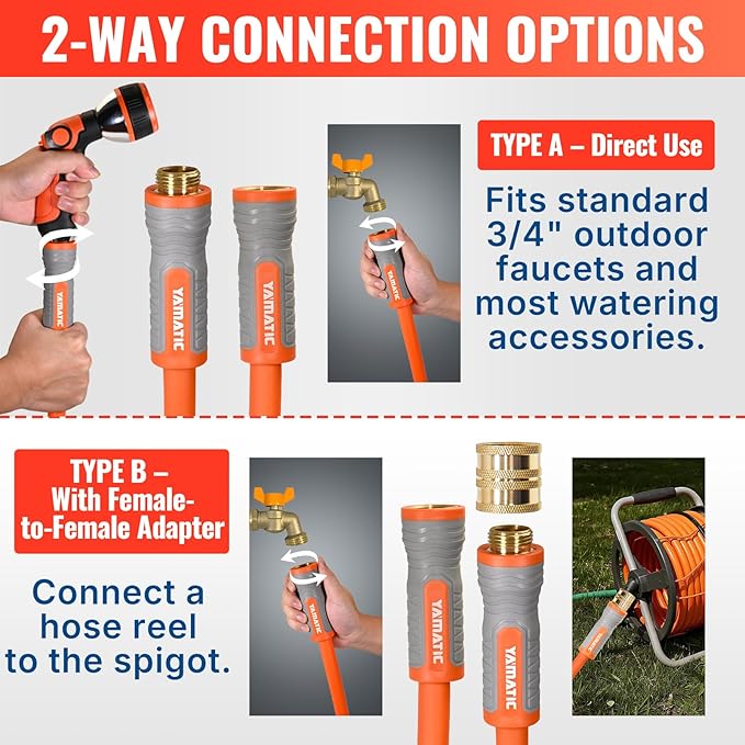 YAMATIC 5/8 in x 15 ft Female-to-Female Short Garden Hose, 2-in-1 Dual Use with Solid Brass Swivel Fitting, All-Weather, 600 PSI Burst