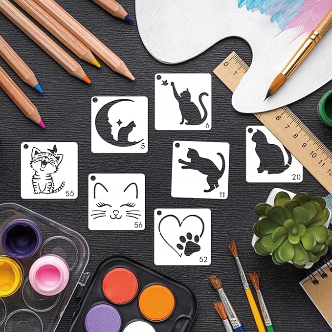 Small Stencils for Painting on Wood Burning Reusable, 3 Inch Reusable Stencil for Craft Ornament Paint Template Stencils for Wall Card Rock Wood Signs Coasters Canvas Home Decor (cat)