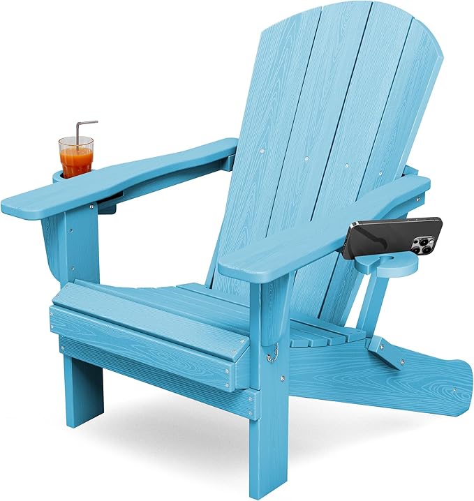 KINGYES Folding Adirondack Chair with Dual Cup Holders - HDPE All-Weather Outdoor Chairs, Wood-Like Patio Chair for Backyard, Camping, Pool & Fire Pit, Light Blue