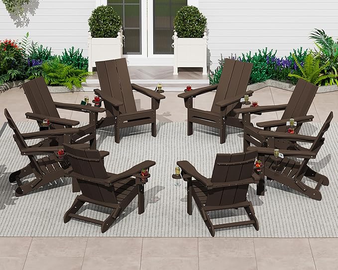 SERWALL Modern Adirondack Chairs Set of 4, Folding Adirondack Chair with Cup Holders, Outdoor HDPE Adirondack Chair for Patio Lawn Garden, Coffee