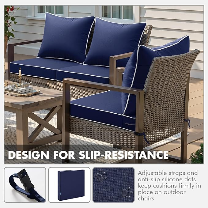 MIULEE Navy Outdoor Seat Cushion 22x22 Inch Waterproof & 3 Year Fade Resistant Deep Seat and Back Cushion for Patio Furniture Chair Sofa Couch with Handle and Adjustable Straps