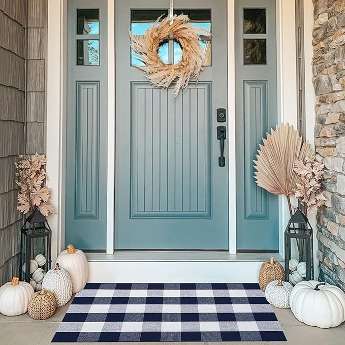MUBIN Cotton Navy Blue and White Plaid Rug, 27.5"x 43" Checked Outdoor Rug Front Door Decorative Mat, Hand-Woven Reversible Foldable Rug for Layered Door Mats Washable Carpet for Front Porch, Entryway