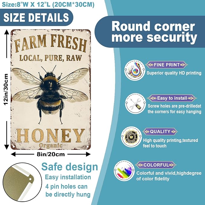 Farm Fresh Bee Honey Wall Art Decoration Garage Home Wall Decoration 8 x 12 Inch