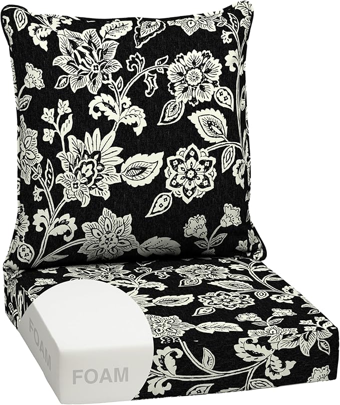 Arden 24x24 Outdoor Foam Deep Seat Cushion Set – Fade-Resistant, Weather-Resistant Outdoor Patio Replacement Cushions Ashland Black Jacobean
