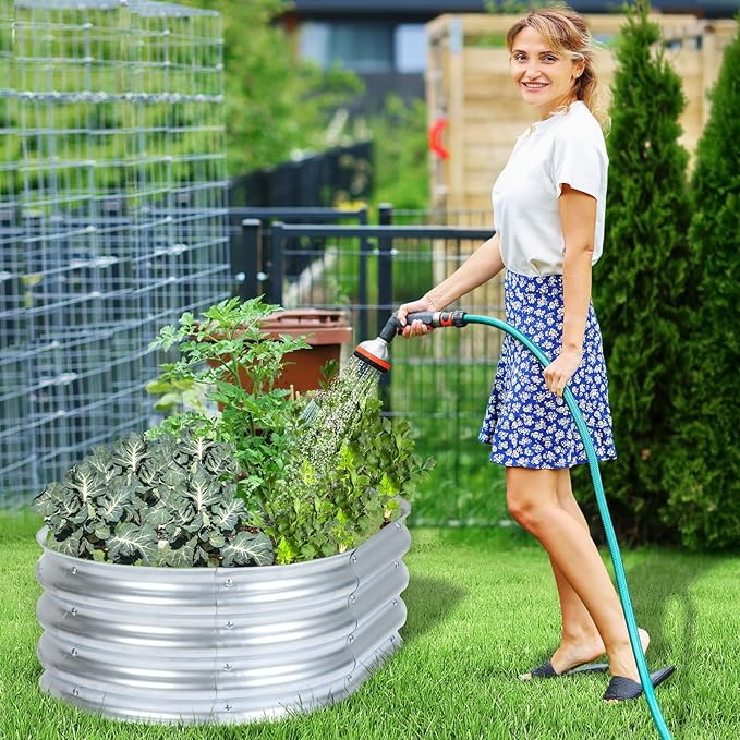 Aoodor Galvanized Raised Garden Bed Kit, 3 x 2 x 1 Ft, Oval Planter Box for Vegetables, Flowers, and Herbs, Outdoor Use, Silver