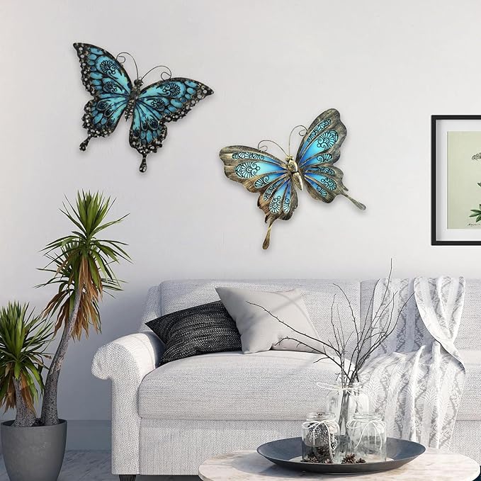 LIFFY Metal Butterfly Wall Decor,2Pack 12" Hanging Glass Butterfly Outdoor Decor,Garden Decorative Ornaments Outside for Home,Yard,Fence,Patio