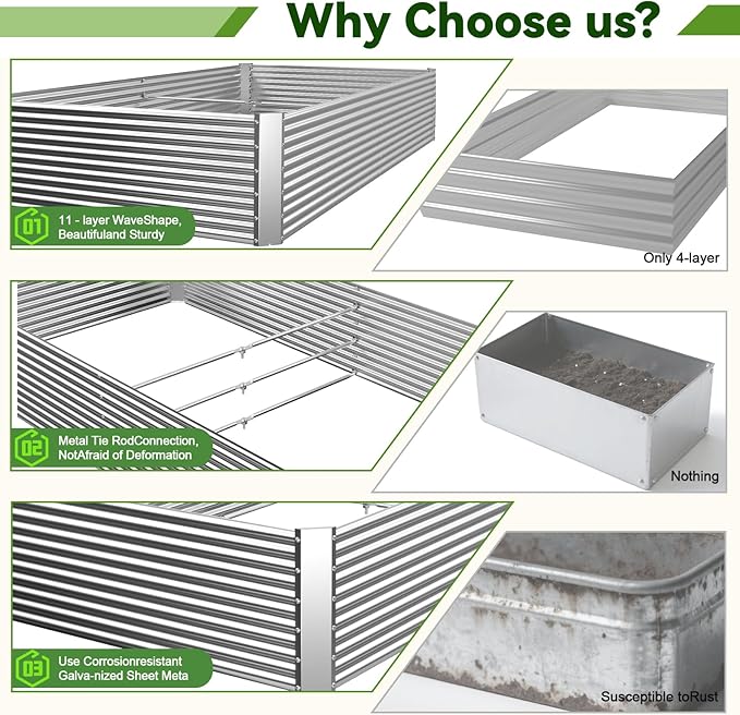 2 Pack Tall 8x3x1.5FT Raised Beds for Gardening, Corrugated Galvanized Steel Raised Garden Bed, Outdoor Metal Above Ground Garden Bed for Vegetables and Flowers(Rectangular)