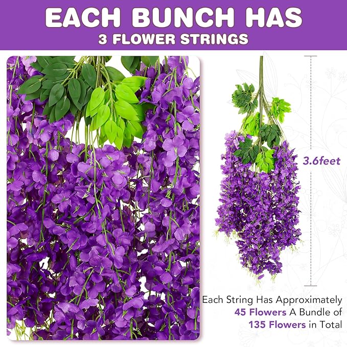Wisteria Hanging Flowers,Fake Hanging Flowers,Wisteria artificiales Garland for Home Wedding Arch Floral Party Garden Ceremony Outdoor Decor,3.6 feet Long(75,Purple)