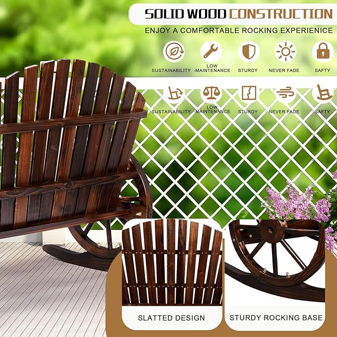 Outvita 2-Person Wood Rocking Chair, Fir Log Adirondack Rocker, Outdoor Wood Accent Furniture Lounge Chairs with Wheel Armrest for Garden Patio Backyard Porch (Carbonized Finish)