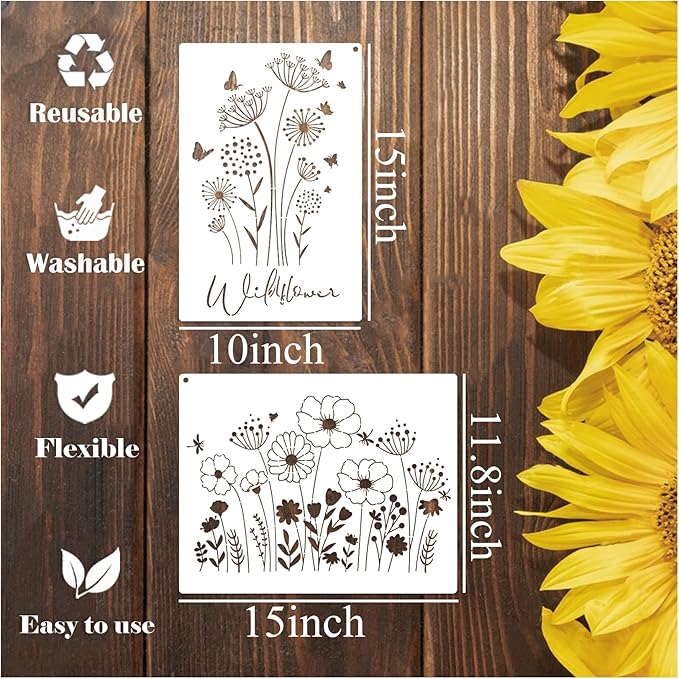 Large Wildflower Stencils for Painting on Wall Reusable, 15 Inch Spring Flower Dragonfly Stencils Floral Pottery Stencil Templates for Garden Walls Wood Canvas Fabric Home Decor