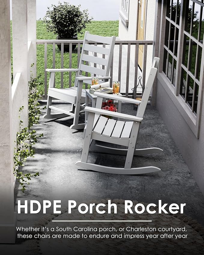 GREENVINES Outdoor-Rocking-Chair | HDPE Plastic | Patio Rockers | Porch Rocker Chairs | Shaker | Oversized | High Ladder Back | Big & Tall | PentaLuxe | White