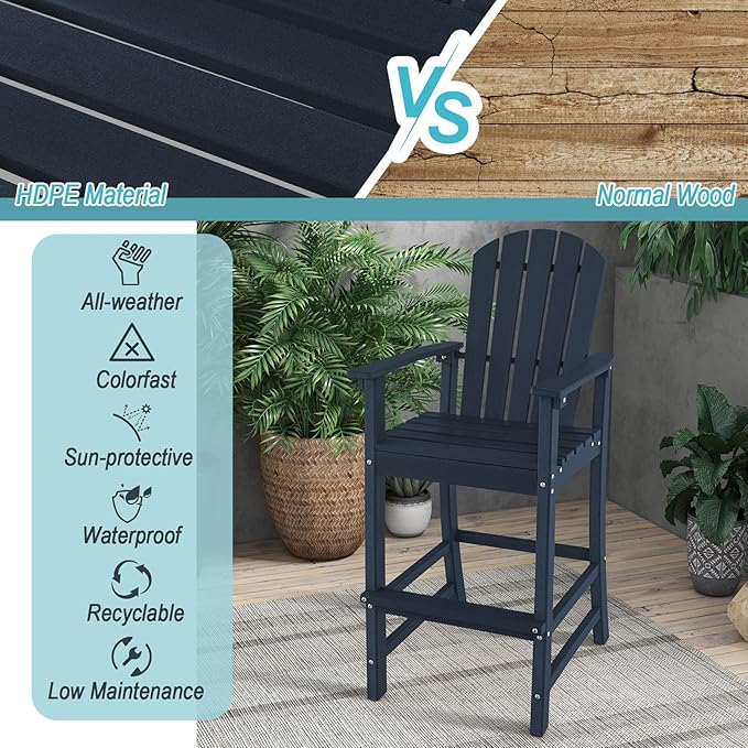 Giantex Set of 2 HDPE Outdoor Bar Stools, All Weather Tall Adirondack Chair with Armrest, Footrest, Load 360Lbs, 30-Inch Counter Height Bar Stool for Patio, Garden, Yard, Indoor Or Outdoor Use (Navy)