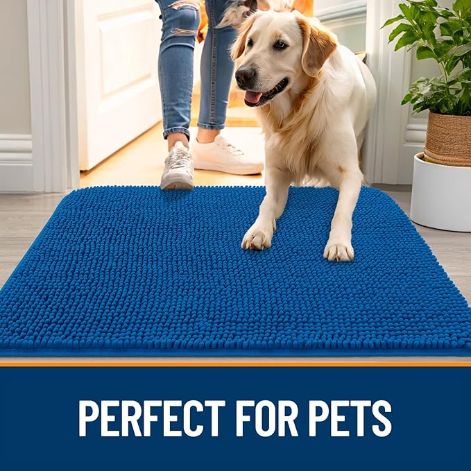 OLANLY Dog Door Mat for Muddy Paws 59x24, Absorbs Moisture and Dirt, Absorbent Non-Slip Washable Doormat, Quick Dry Chenille Mud Mat, Entry Indoor Entryway Carpet for Inside Floor, Deep Navy Blue