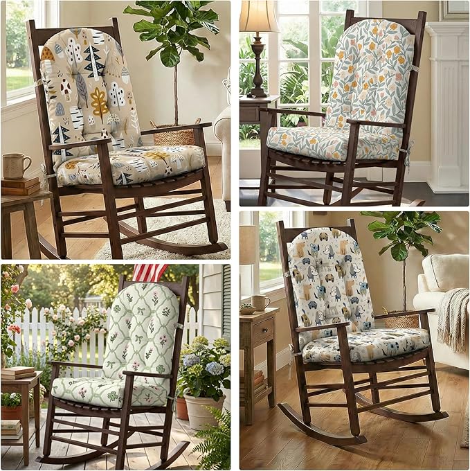 Custom Printing Rocking Chair Cushions Set - Non-Slip Adirondack Chair Cushions with Ties Indoor/Outdoor Rocking Chair Pad for Living Room, Bedroom, Balcony, Office