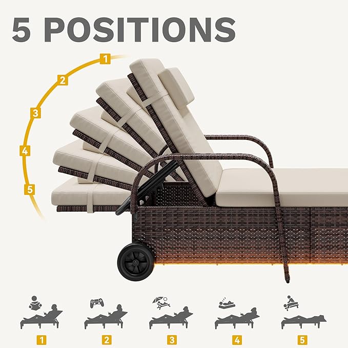 DWVO LED Outdoor Lounge Chairs, Patio Wicker Chaise Lounge Chair with LED Lights & 5-Level Backrest, Wheels and Storage for Deck, Pool, Backyard, Brown & Beige