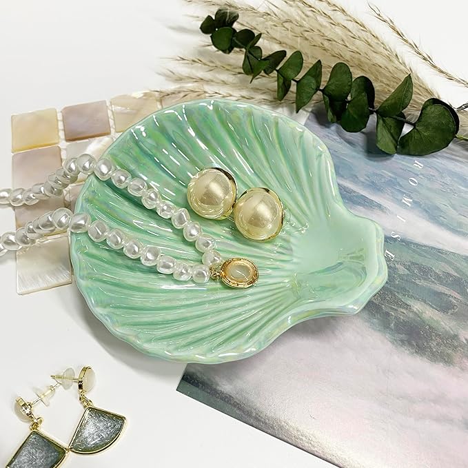 Ceramic Shell Ring Holder Dish, Small Shell Trinket Dish, Beachy Jewelry Plate for Earrings Necklace Valentine's Mother's Day Christmas Birthday Gifts for Women, 3.9", Ice Green Iridescent Surface