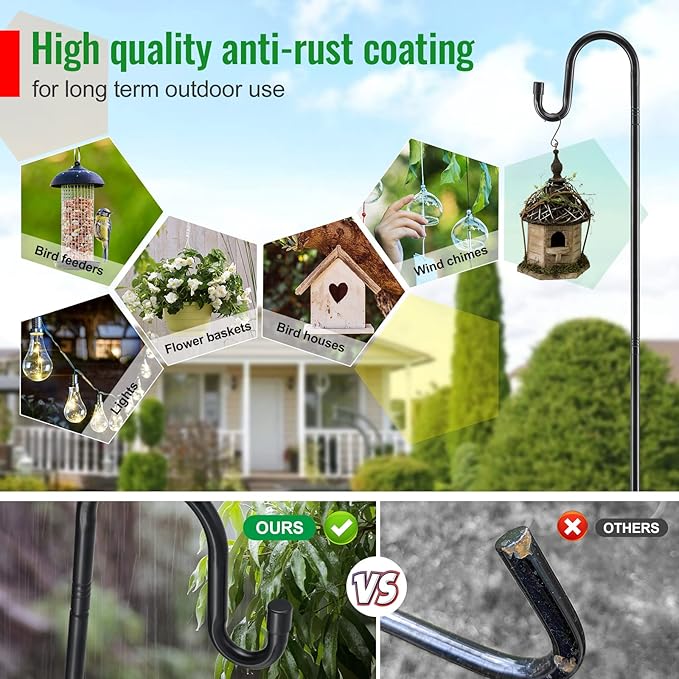 Bird Feeder Pole with Shepherd’S Hook - 78" Heavy Duty Hummingbird Stand with 5-Prong,Rustproof Bird Feeder Hangers for Outside Hanging Birdfeeders, Wind Chimes, Lanterns, Solar Lights - Black
