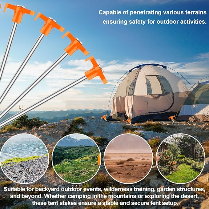 10PCS Tent Stakes,Heavy Duty Camping Tent Stakes Non-Rust Metal Tent Pegs for Garden,Hiking,Canopies,Tarp with 10pcs Rubber Protective Sleeve (Orange)
