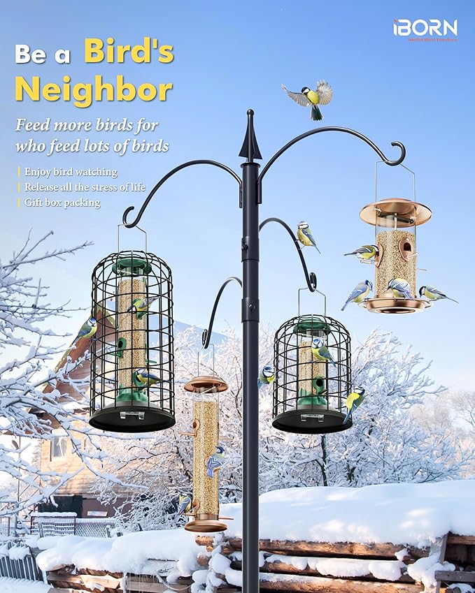 iBorn Bird Feeders Hanging-Squirrel & Pigeon Proof Bird Feeder, Heavy Duty All Metal Green 14 Inch, Outdoor for Mix Seed Blends & Garden