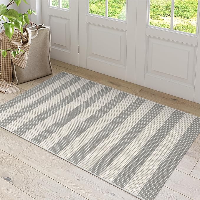 Grey and White Striped Rug-3x5 Front Door Mat Outdoor,Washable Reversible Porch Rug Cotton Hand-Woven Spring Doormat, Foldable Layered Door Mats for Entryway/Farmhouse