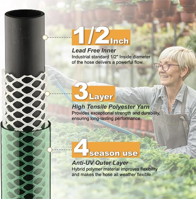 Garden Hose No Leaking for Watering: No Kink and Lightweight - 1/2" Water Hoses 25 FT with Fittings for Outdoor and Yard