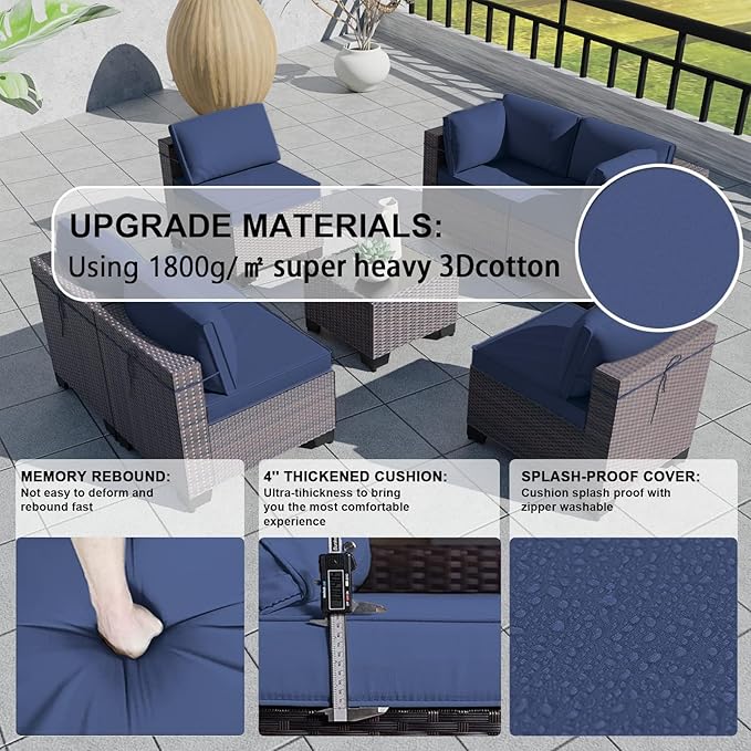 Kullavik 12PCS Outdoor Patio Furniture Set,PE Wicker Rattan Sectional Sofa Patio Conversation Sets with Tempered Glass Table,Swivel Rocking Chairs Set,Navy Blue