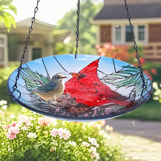 MUMTOP Hanging Bird Baths for Outdoors - Glass Bird Bath, 11 Inch Hanging Bird Bath Cardinal Bird Feeder Bowl for Outside, Garden, Lawn Yard Decor(Blue)
