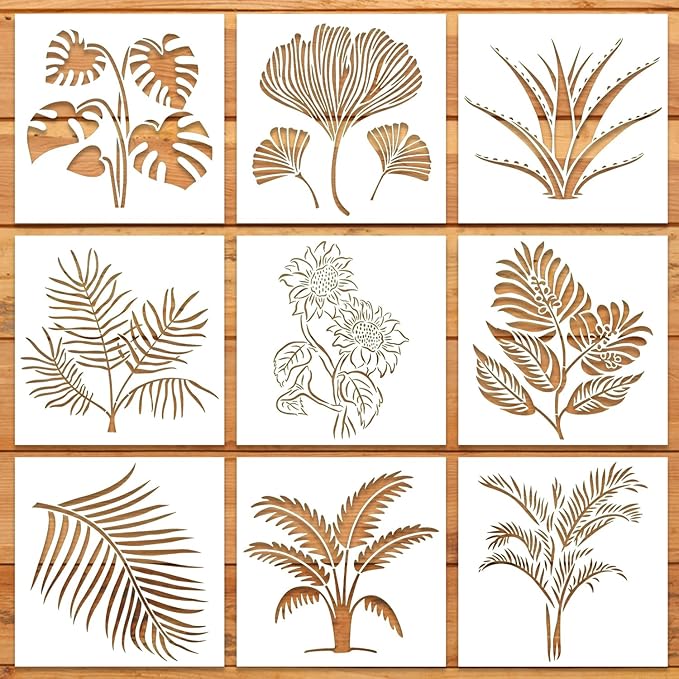 9Pcs Large Plants Stencils Plants Leaf Painting Stencils Reusable Plants Stencil Plastic Art Drawing Templates DIY Crafts Plant Stencil for Painting on Wood Wall Door Canvas Home Decor,7.9 x 7.9inch