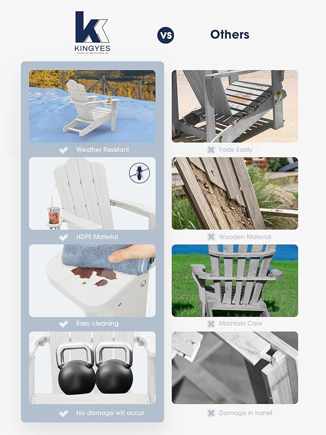 KINGYES Folding Adirondack Chair Set of 2, HDPE All-Weather Patio Chairs with Cup Holder, Wooden Textured Fire Pit Chairs for Poolside, Backyard, Deck, White