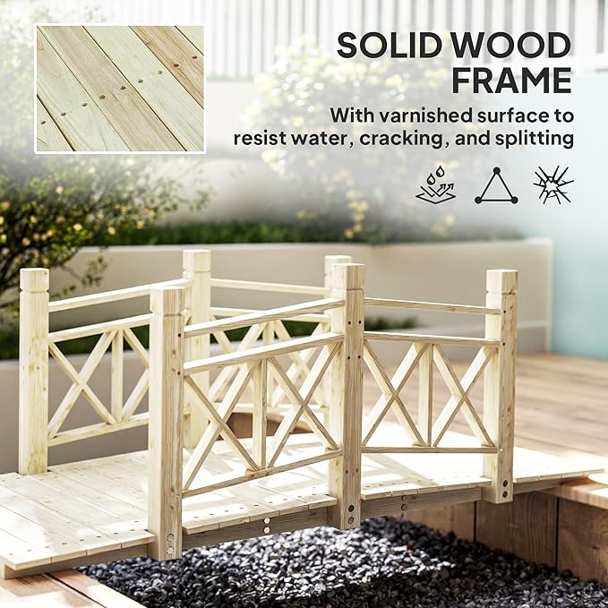 Outsunny 5 ft. Wooden Garden Bridge with Safety Rails, Backyard Bridge Footbridge for Ponds, Creeks, Streams, Nature Wood