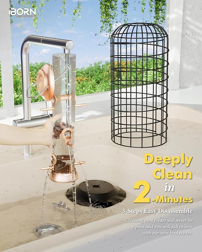 iBorn Bird Feeders Hanging - Squirrel Proof Bird Feeders for Outdoors, Pigeon Proof Caged Feeder, Heavy Duty All Metal Copper 14 Inch, Hanging Cage Feeder for Mix Seed Blends & Garden