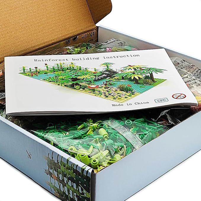 ZHX Rainforest Jungle Bridge Building Block Toys with 2pcs Baseplates(10x10 inches Each) Garden Bricks Accessories Bush Flowers Animals Coconut Trees for Classic Brick Block Toys