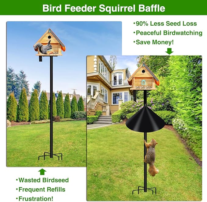 Wider Squirrel Baffle for Bird Feeder Pole, Raccoons Rodents Guard Stopper for Outside Shepherd Hooks, Easy Assembly Baffle for Bird Feeding Pole (16Inch 2 Pack Glossy Black)