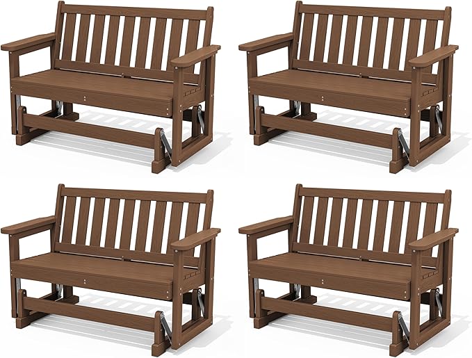 SERWALL Outdoor Glider Bench Set of 4, HDPE Weather-Resistant Swinging Bench for Backyard Garden Porch, Brown