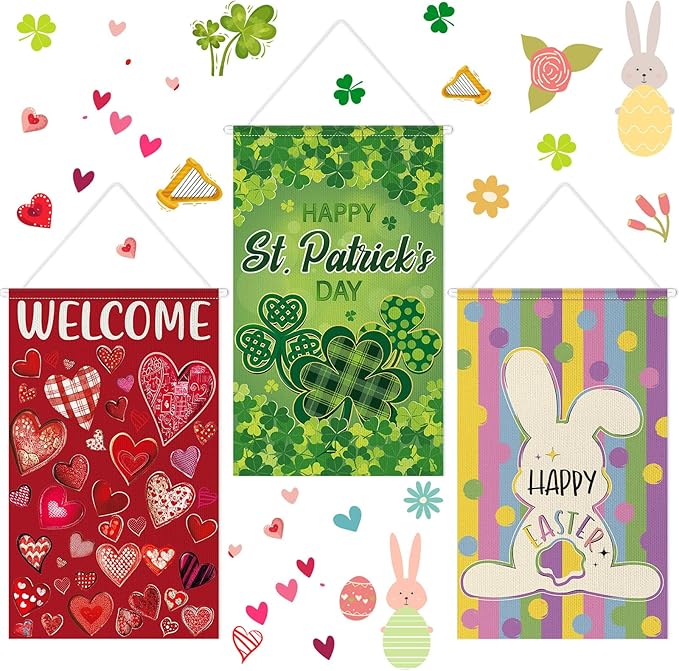 Tegeme 3 Pcs Happy St Patricks Day Door Decorations St. Patrick's Day Banner Door Hanger Sign Easter Hanging Flag Ornaments for Holiday Party Indoor Outdoor Decor 11.8 x 19.7 Inch