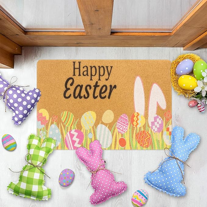 Easter-Decorative-Welcome-Doormat Outdoor-Entrance Easter Bunny Door Mat Non Slip Coir Front Door Mats for Spring Home Decor 17" x 29"