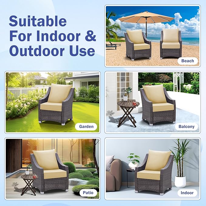 Outdoor Seat Cushion Set, Waterproof & Fade Resistant Patio Chair Cushions, Outdoors Cushion for Patio Furniture, 24 x 24 x 4 Inch, Outdoor Couch Cushions with Handle and Ties, Light Khaki