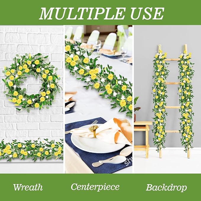 6.5 Ft Summer Garland for Mantle Artificial Yellow Daisy Swags Spring Wedding Decor Yellow Wildflower White Flowers Garland Vine for Porch Table Indoor Door Home All Year Decoration