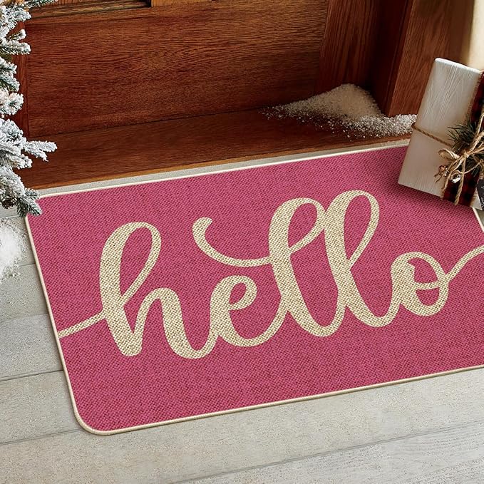 Artoid Mode Pink Hello Spring Doormat, Summer Home Decor Low-Profile Switch Rug Door Mat Floor Mat for Indoor Outdoor 24x35 Inch