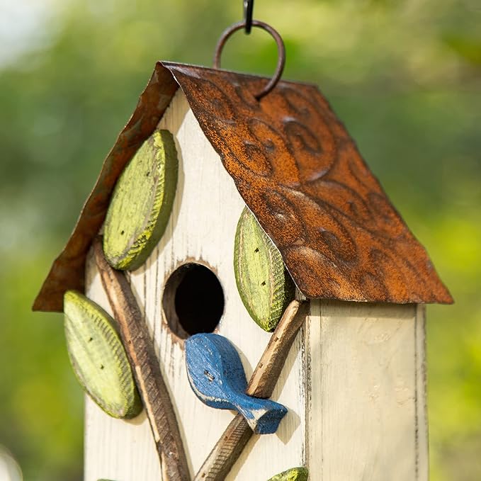 Glitzhome 9.7" H Hanging Birdhouse for Outdoor Patio Garden Decorative Pet Cottage Distressed Wooden Bird House for Finch Swallow Wren Chickadee, Leaves Rustic White