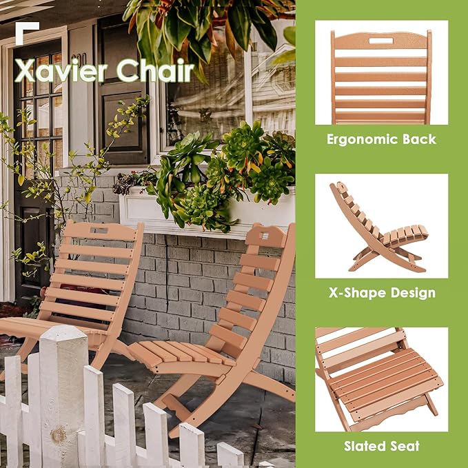 GREENVINES Folding-Xavier-Chairs Set of 2 | Wave | Portable Adirondack-Chair | HDPE Plastic | All Weather Fire-Pit Chair | Teak | for Beach Outdoor Deck Poolside Garden Patio Porch Fishing