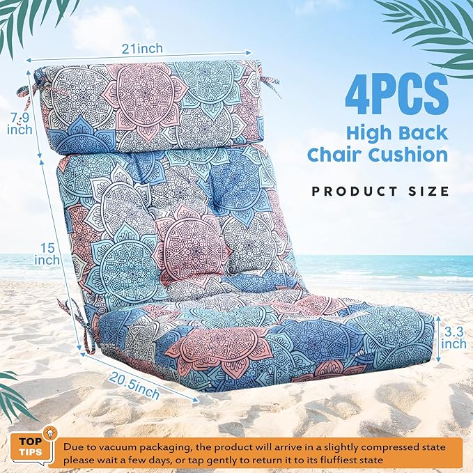 Barydat 4 Pcs Tufted High Back Chair Cushion Indoor Outdoor Seat and Back Cushions Palm Leaves Tropical Plants Lawn Rocking Chair Pads with Ties for Adirondack Patio Garden(Blue Flower)