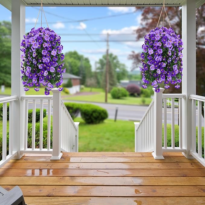 Sggvecsy Artificial Fake Hanging Flowers Plants Outdoor Outside Spring Summer Decoration 2PCS Faux Silk UV Resistant Morning Glory Trailing Vines for Home Porch Patio Balcony(Purple & Light Purple)