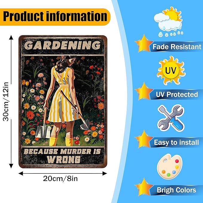 Funny Garden Signs for Plant Lovers-Garden Metal Signs"Gardening Because Murder Is Wrong",Unique Gardening Gifts for Women,Perfect Gifts for Plant Mothers Grandmas and Housewarming 8x12in
